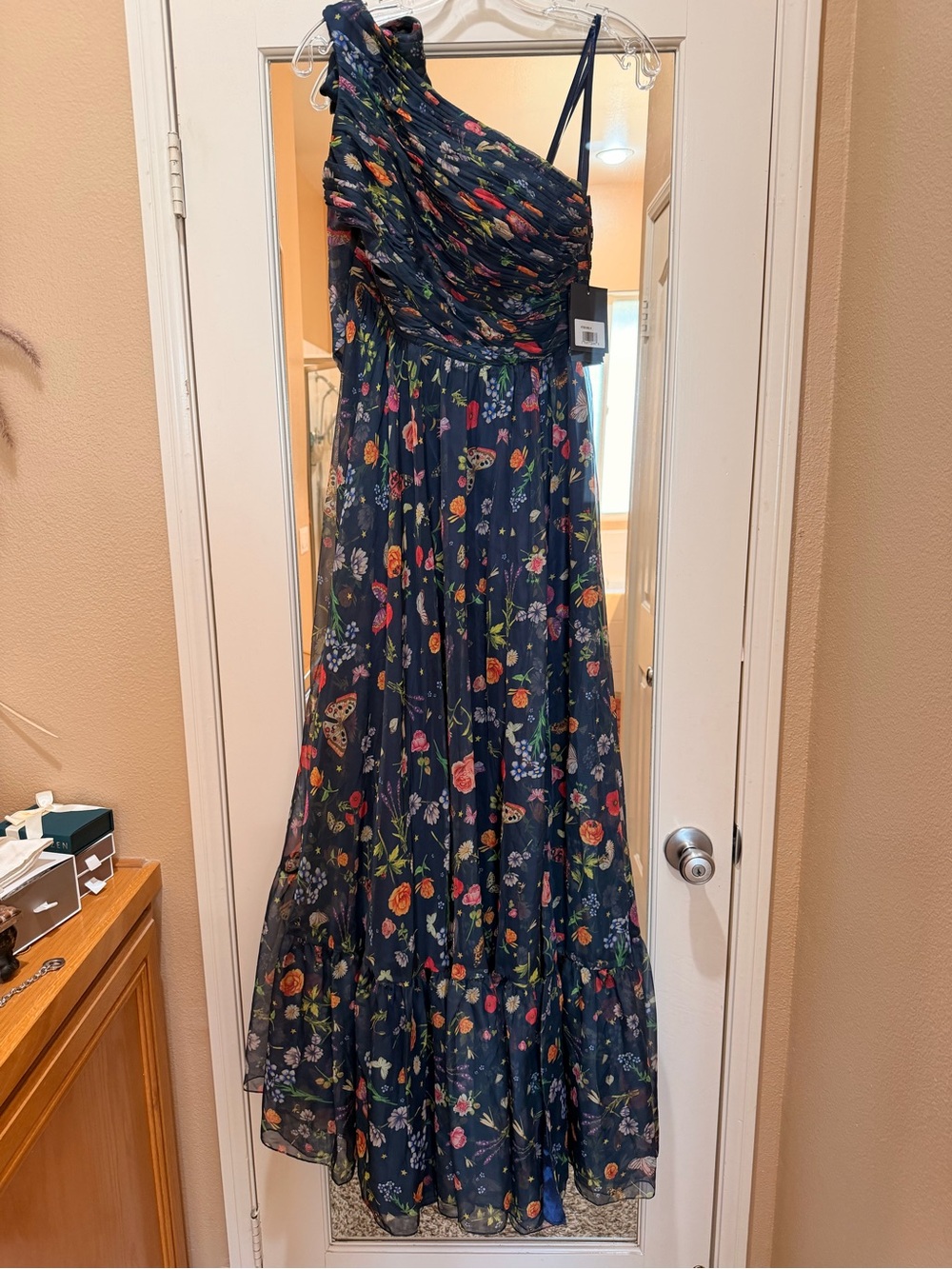 Floral One-Shoulder Navy Maxi Dress with Side Slit - Picture 4 of 5
